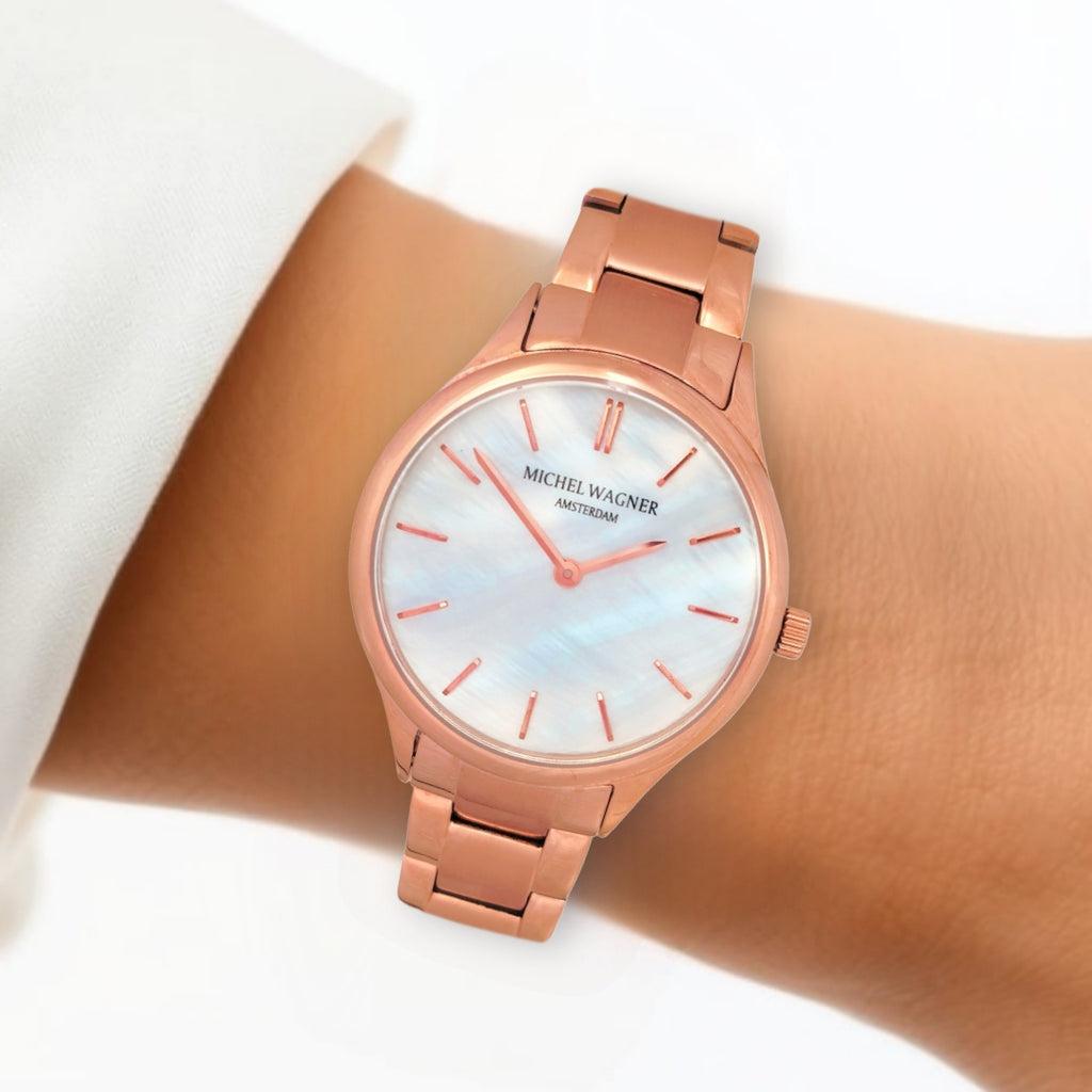 Michel Wagner Dames Horloge - Rosé Goud kleur Parelmoer-Look - MW14M