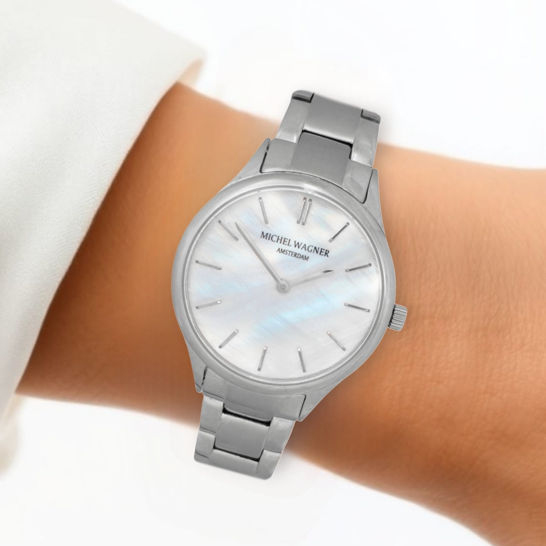 Michel Wagner Horloge - Zilverkleurig Parelmoer-Look - MW04M